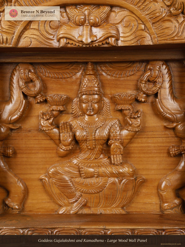 Goddess Gajalakshmi and Kamadhenu - Large Wood Wall Panel