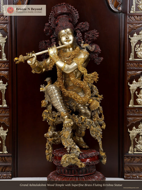 Grand Ashtalakshmi Wood Temple with Superfine Brass Fluting Krishna Statue