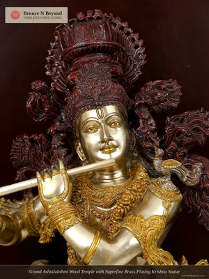 Grand Ashtalakshmi Wood Temple with Superfine Brass Fluting Krishna Statue