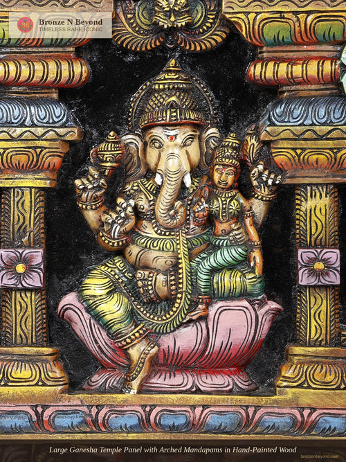 Large Ganesha Temple Panel with Arched Mandapams in Hand-Painted Wood