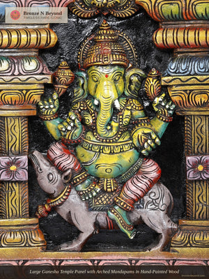 Large Ganesha Temple Panel with Arched Mandapams in Hand-Painted Wood
