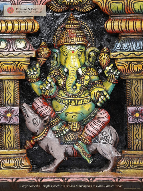 Large Ganesha Temple Panel with Arched Mandapams in Hand-Painted Wood