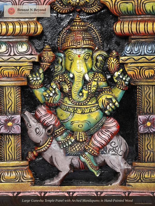 Large Ganesha Temple Panel with Arched Mandapams in Hand-Painted Wood