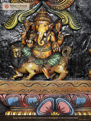 Large Ganesha Temple Panel with Arched Mandapams in Hand-Painted Wood
