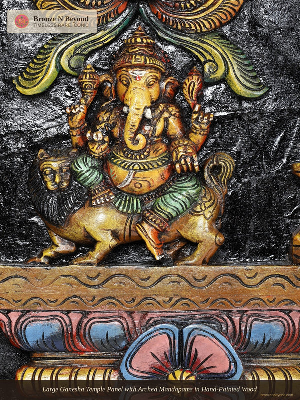 Large Ganesha Temple Panel with Arched Mandapams in Hand-Painted Wood
