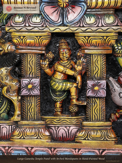 Large Ganesha Temple Panel with Arched Mandapams in Hand-Painted Wood