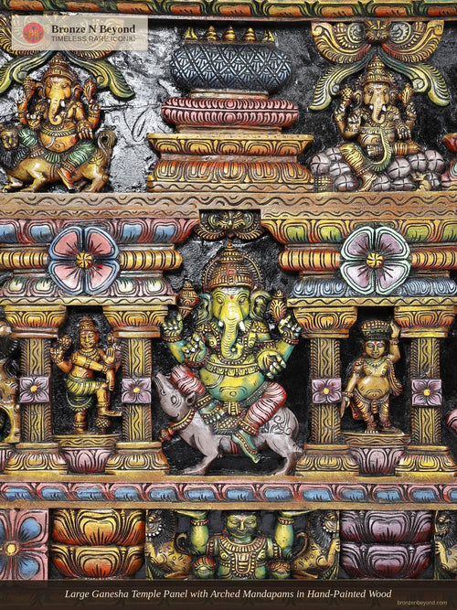 Large Ganesha Temple Panel with Arched Mandapams in Hand-Painted Wood