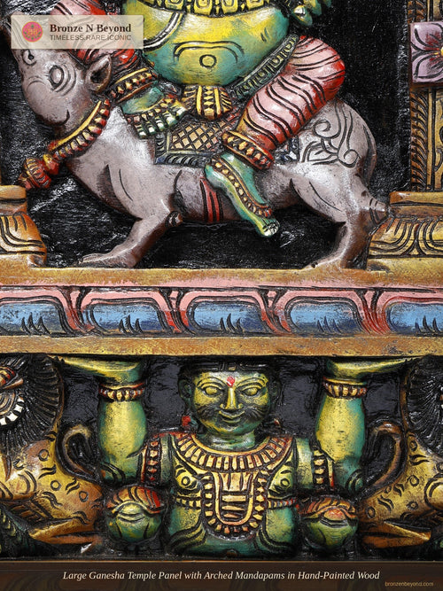 Large Ganesha Temple Panel with Arched Mandapams in Hand-Painted Wood