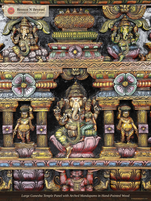 Large Ganesha Temple Panel with Arched Mandapams in Hand-Painted Wood