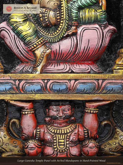 Large Ganesha Temple Panel with Arched Mandapams in Hand-Painted Wood