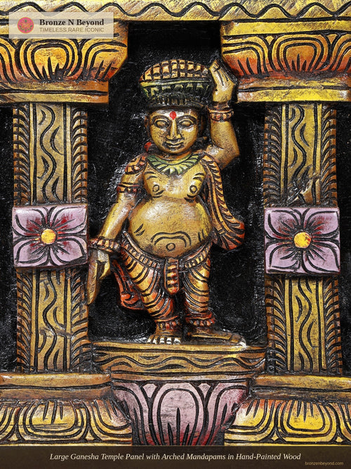 Large Ganesha Temple Panel with Arched Mandapams in Hand-Painted Wood