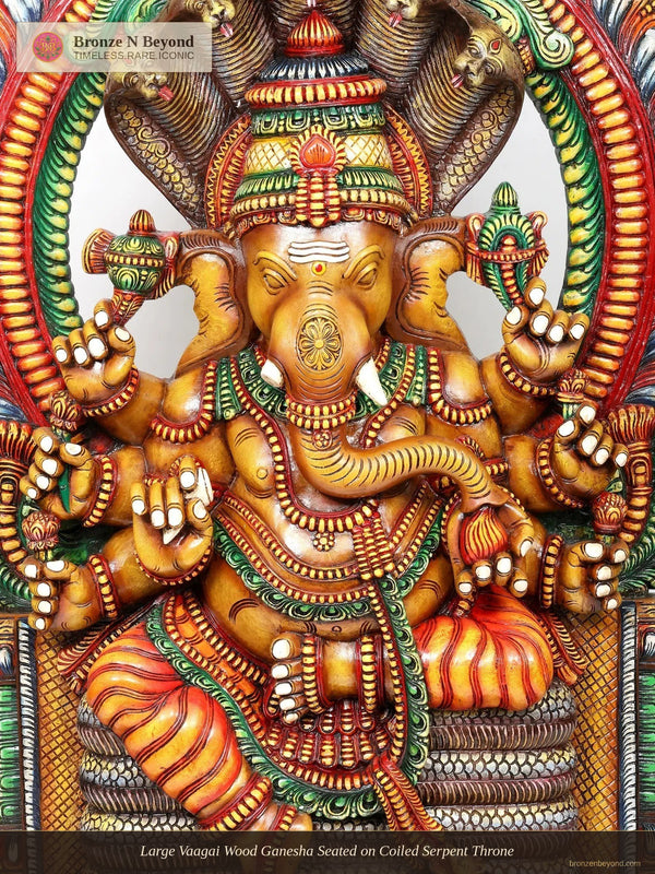 Large Vaagai Wood Ganesha Seated on Coiled Serpent Throne