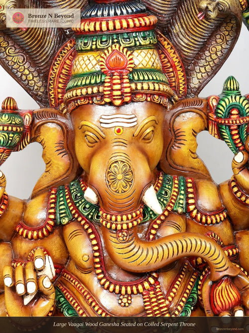 Large Vaagai Wood Ganesha Seated on Coiled Serpent Throne