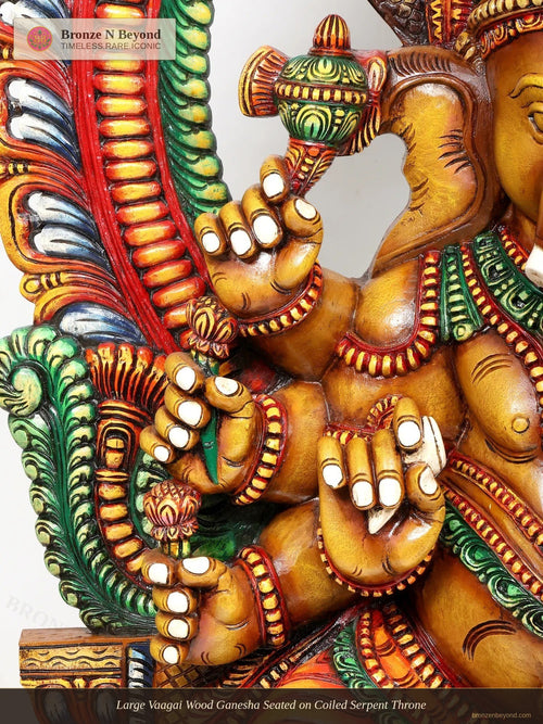 Large Vaagai Wood Ganesha Seated on Coiled Serpent Throne