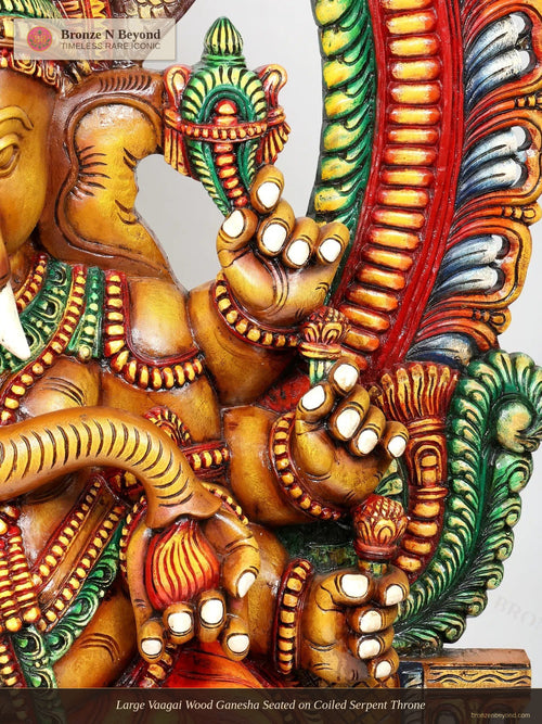 Large Vaagai Wood Ganesha Seated on Coiled Serpent Throne