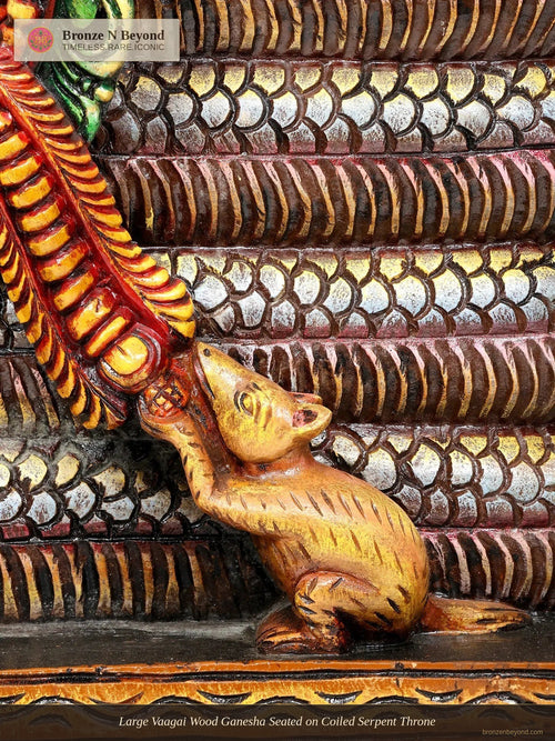Large Vaagai Wood Ganesha Seated on Coiled Serpent Throne