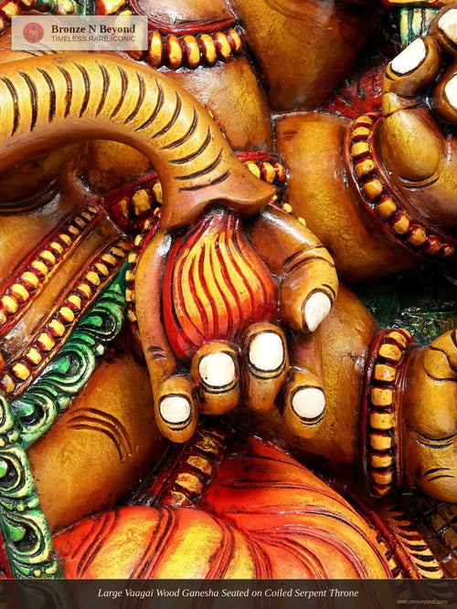 Large Vaagai Wood Ganesha Seated on Coiled Serpent Throne