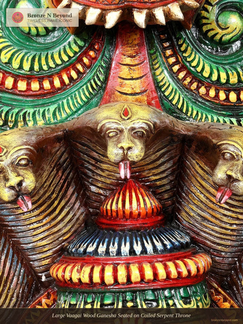 Large Vaagai Wood Ganesha Seated on Coiled Serpent Throne