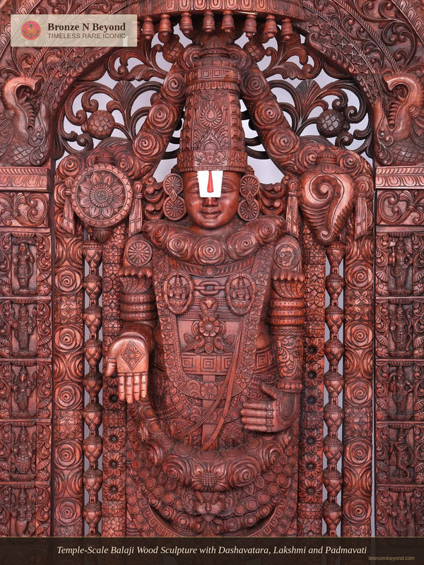Temple-Scale Balaji Wood Sculpture with Dashavatara, Lakshmi and Padmavati