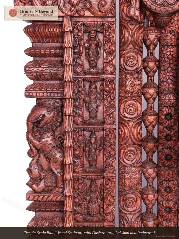 Temple-Scale Balaji Wood Sculpture with Dashavatara, Lakshmi and Padmavati