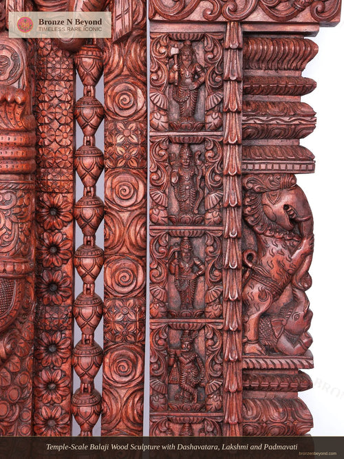 Temple-Scale Balaji Wood Sculpture with Dashavatara, Lakshmi and Padmavati