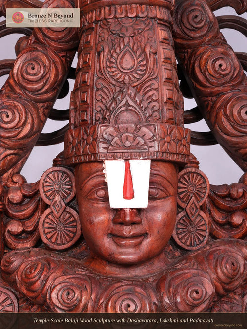 Temple-Scale Balaji Wood Sculpture with Dashavatara, Lakshmi and Padmavati
