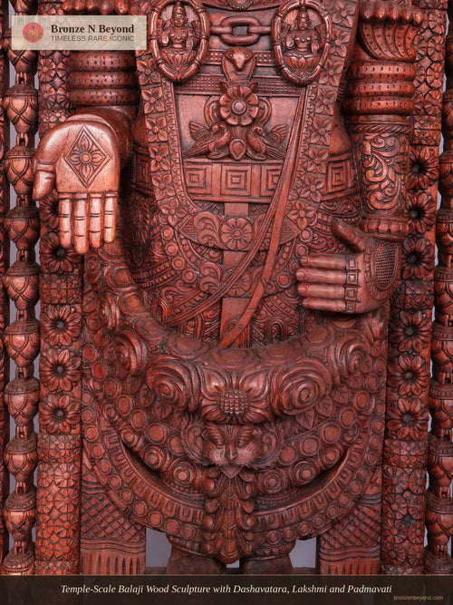 Temple-Scale Balaji Wood Sculpture with Dashavatara, Lakshmi and Padmavati