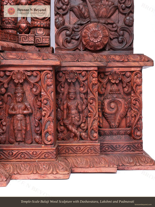 Temple-Scale Balaji Wood Sculpture with Dashavatara, Lakshmi and Padmavati