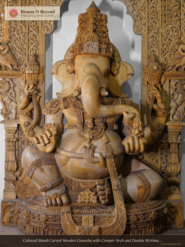 Colossal Hand-Carved Wooden Ganesha with Creeper Arch and Double Kirtimukha Crest