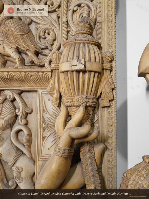 Colossal Hand-Carved Wooden Ganesha with Creeper Arch and Double Kirtimukha Crest