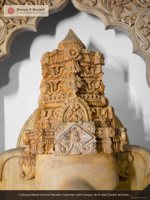 Colossal Hand-Carved Wooden Ganesha with Creeper Arch and Double Kirtimukha Crest