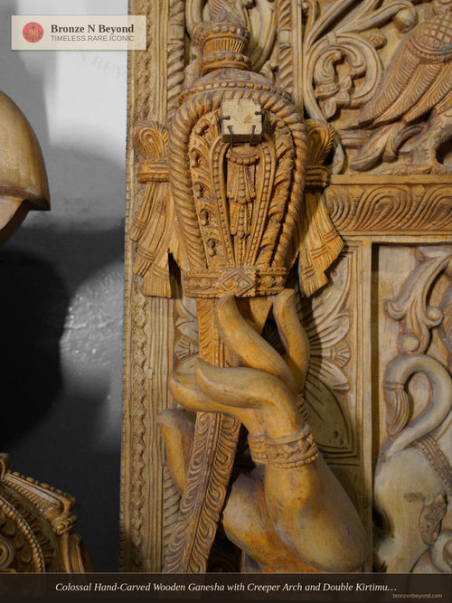 Colossal Hand-Carved Wooden Ganesha with Creeper Arch and Double Kirtimukha Crest