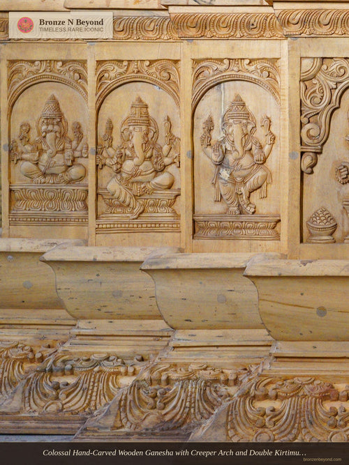 Colossal Hand-Carved Wooden Ganesha with Creeper Arch and Double Kirtimukha Crest
