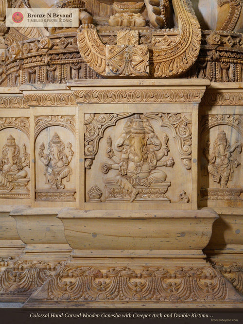 Colossal Hand-Carved Wooden Ganesha with Creeper Arch and Double Kirtimukha Crest