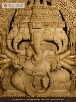 Large Wooden Ten-Armed Mahaganapati with Carved Pedestal and Aureole
