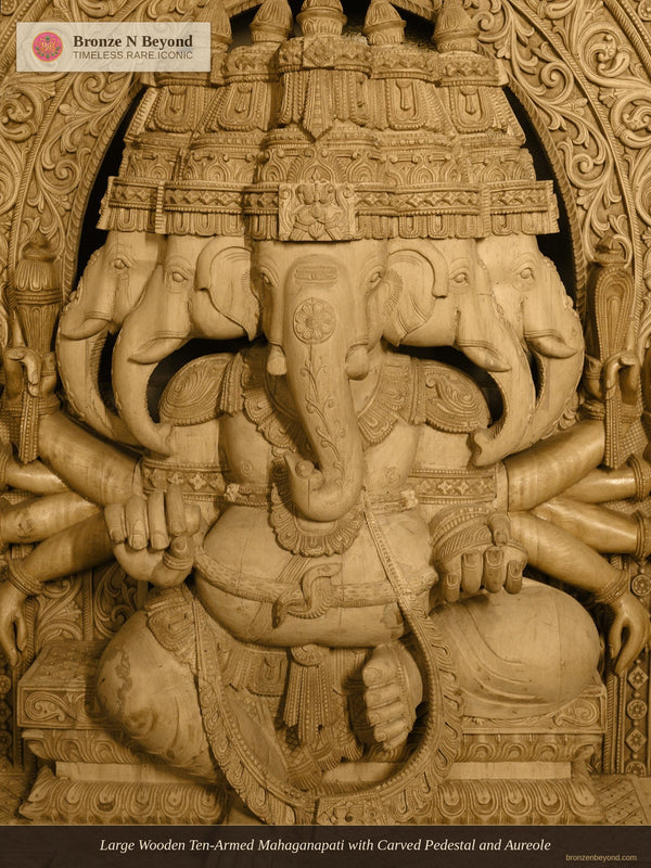 Large Wooden Ten-Armed Mahaganapati with Carved Pedestal and Aureole
