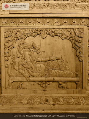 Large Wooden Ten-Armed Mahaganapati with Carved Pedestal and Aureole