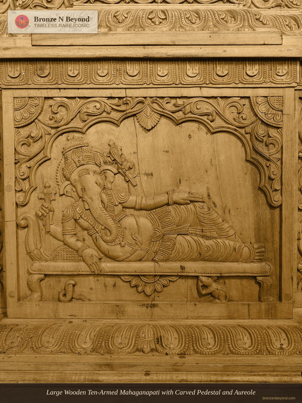 Large Wooden Ten-Armed Mahaganapati with Carved Pedestal and Aureole