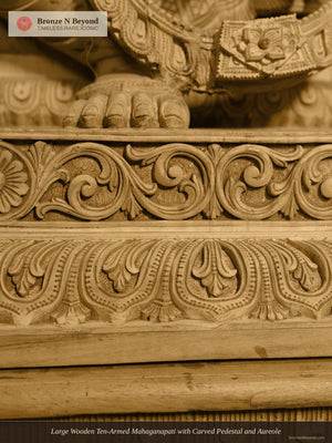 Large Wooden Ten-Armed Mahaganapati with Carved Pedestal and Aureole