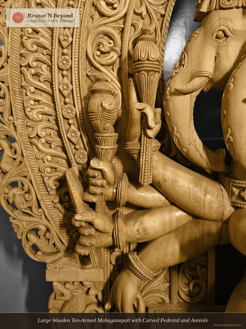Large Wooden Ten-Armed Mahaganapati with Carved Pedestal and Aureole