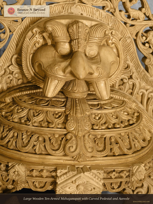 Large Wooden Ten-Armed Mahaganapati with Carved Pedestal and Aureole