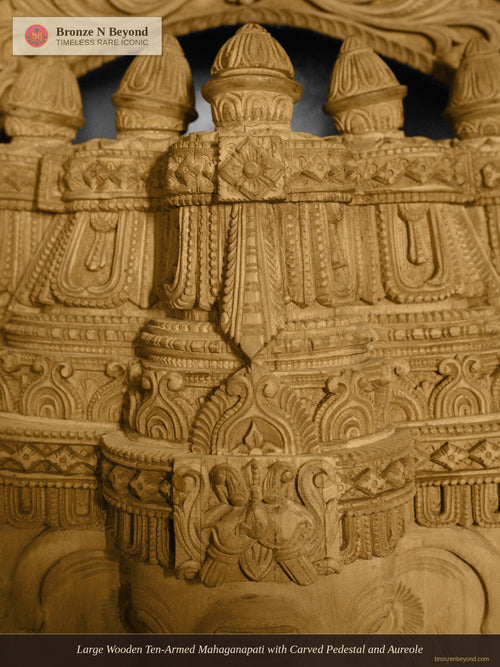 Large Wooden Ten-Armed Mahaganapati with Carved Pedestal and Aureole