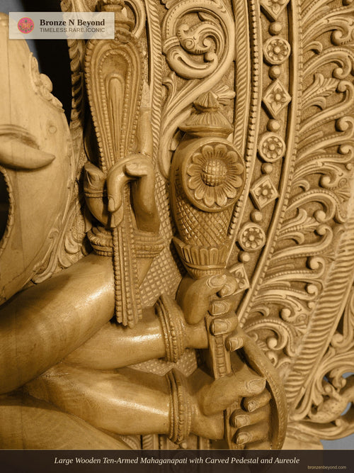 Large Wooden Ten-Armed Mahaganapati with Carved Pedestal and Aureole