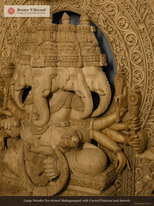 Large Wooden Ten-Armed Mahaganapati with Carved Pedestal and Aureole