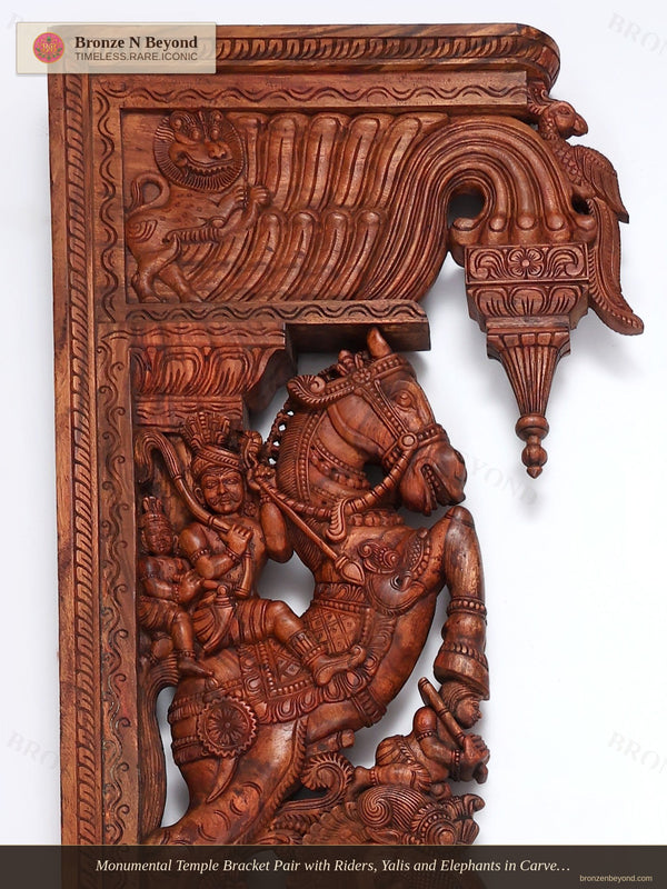 Monumental Temple Bracket Pair with Riders, Yalis and Elephants in Carved Wood