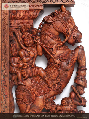 Monumental Temple Bracket Pair with Riders, Yalis and Elephants in Carved Wood