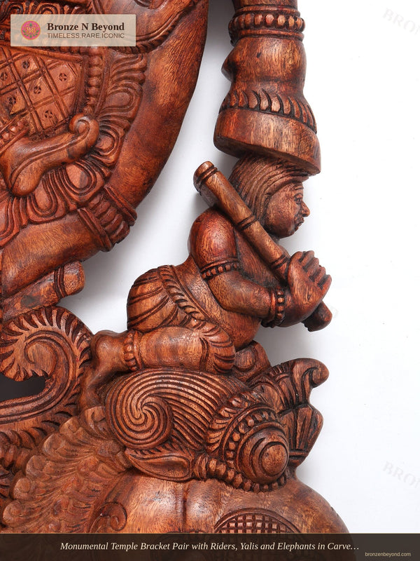 Monumental Temple Bracket Pair with Riders, Yalis and Elephants in Carved Wood