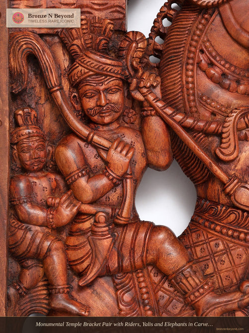 Monumental Temple Bracket Pair with Riders, Yalis and Elephants in Carved Wood