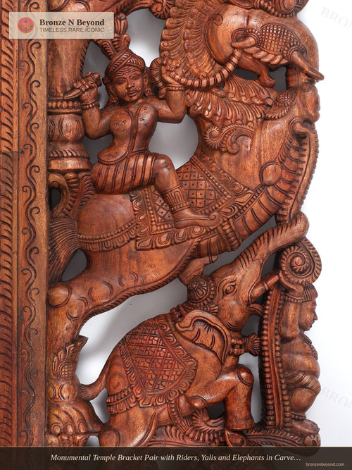 Monumental Temple Bracket Pair with Riders, Yalis and Elephants in Carved Wood