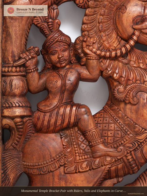 Monumental Temple Bracket Pair with Riders, Yalis and Elephants in Carved Wood